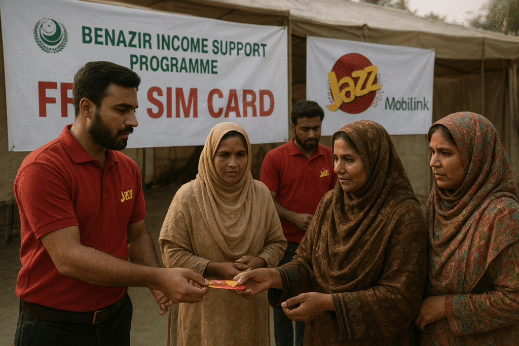 Women receiving free Jazz Mobilink SIM cards under BISP scheme 2025 in Hyderabad