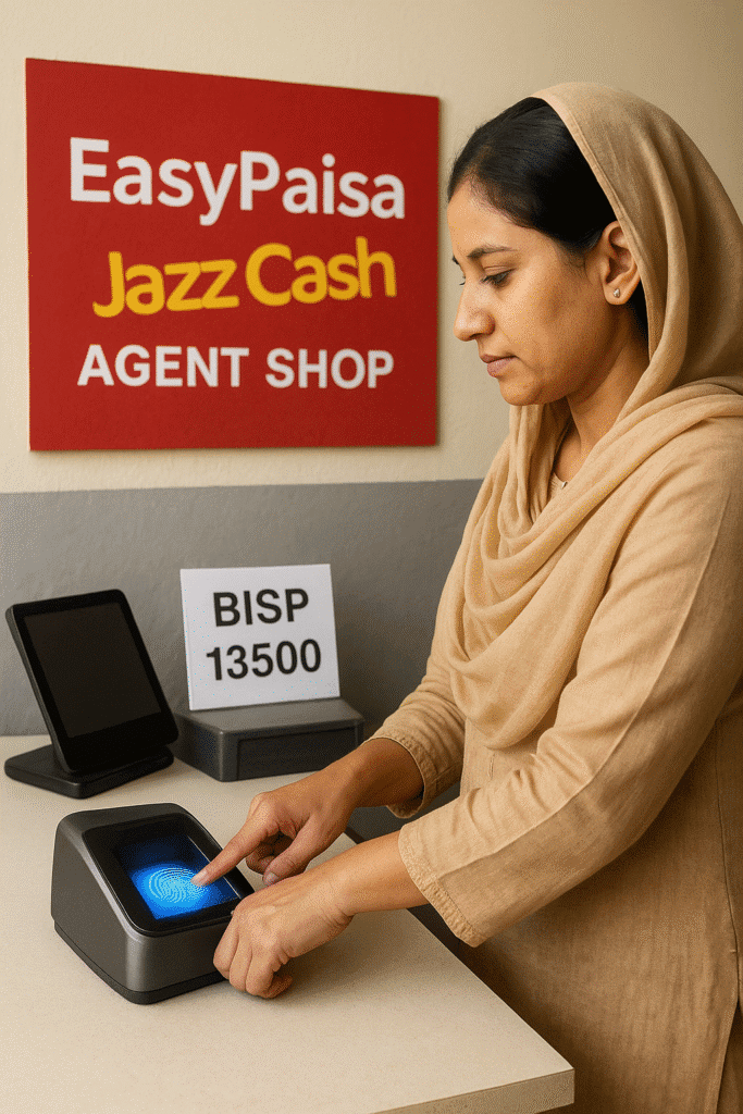Pakistani woman using biometric verification to receive BISP payment Through digital wallet