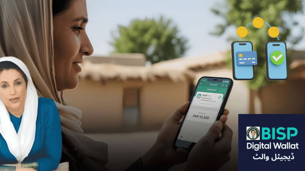 Pakistani woman smiling while holding mobile with digital wallet app open, symbolizing empowerment