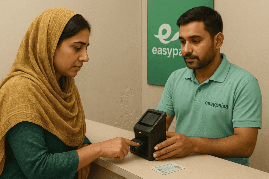 Pakistani woman doing biometric fingerprint verification at Easypaisa agent shop