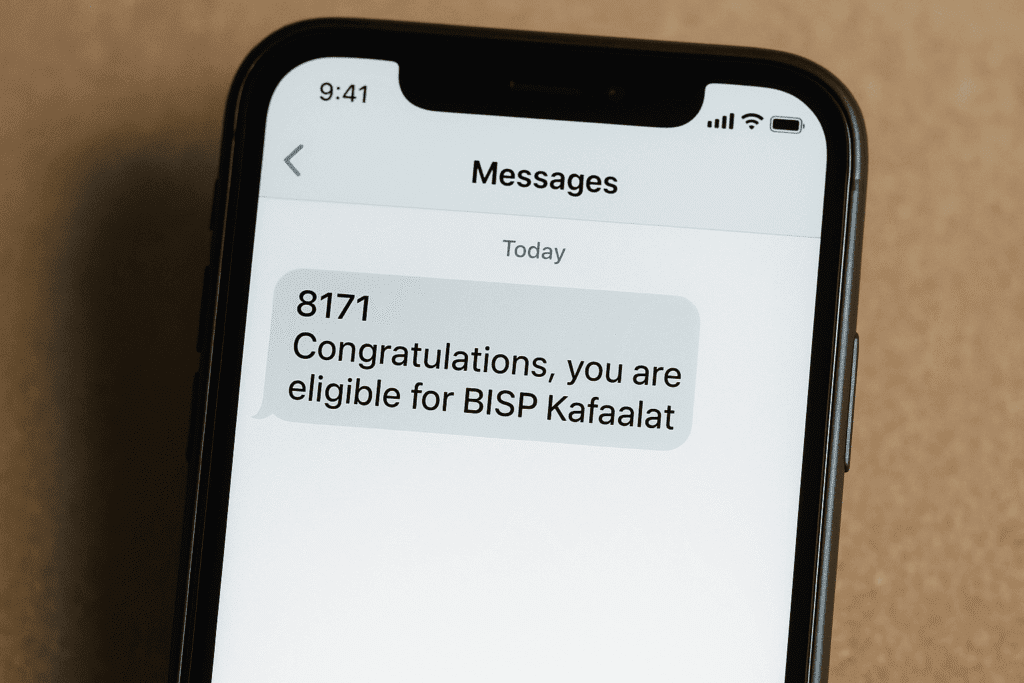 Example SMS showing BISP eligibility confirmation after sending CNIC to 8171