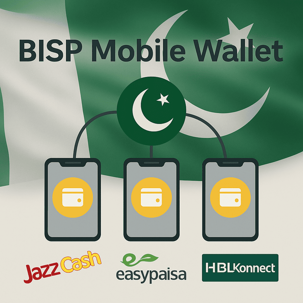 Infographic showing BISP mobile wallet and partner apps JazzCash, Easypaisa, HBL Konnect in Pakistan 2025