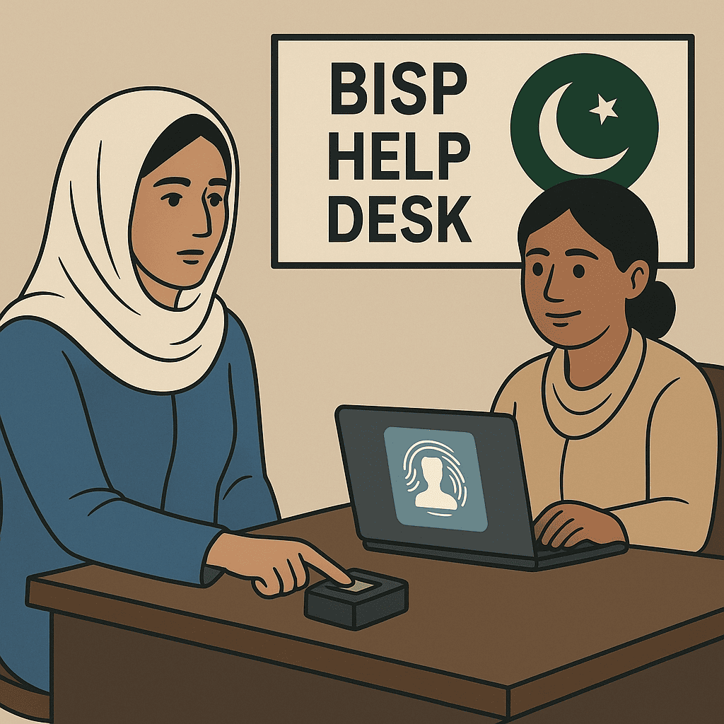 BISP beneficiary scanning fingerprint at biometric machine in Pakistan