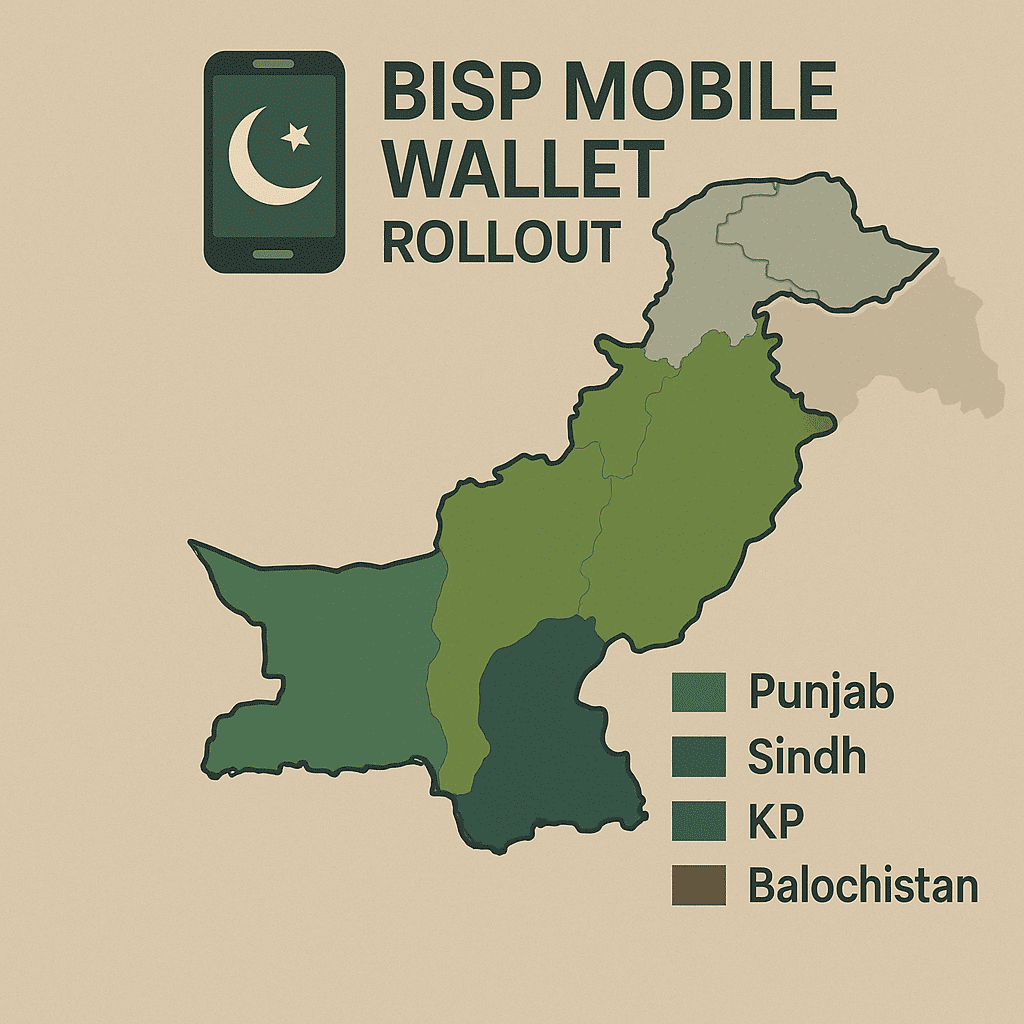 Map of Pakistan showing BISP wallet rollout in Punjab, Sindh, KP, and Balochistan