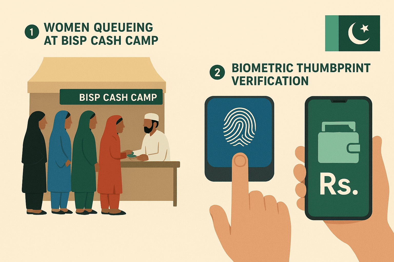 Timeline showing shift from BISP cash distribution camps to digital wallets in september 2025