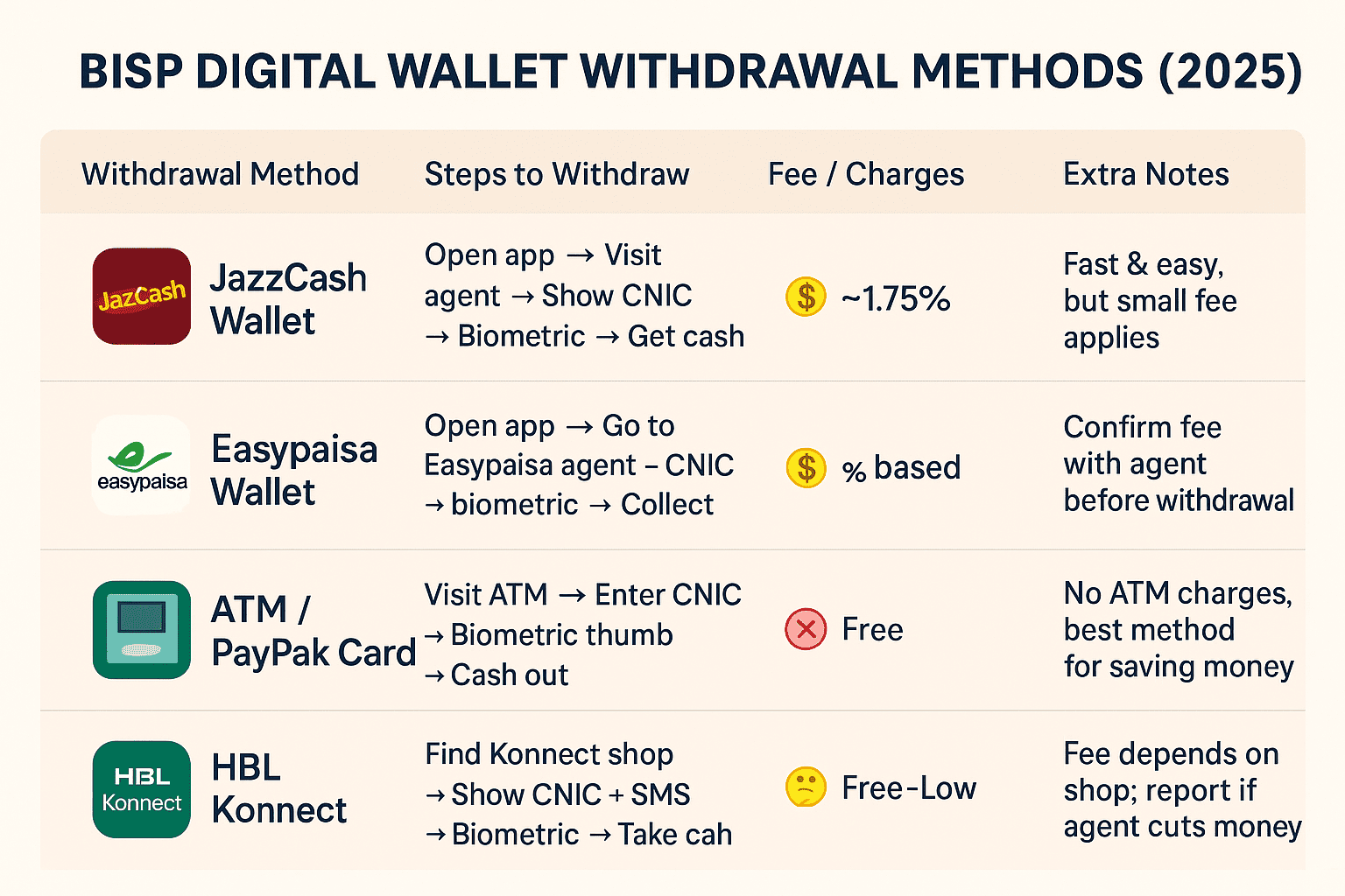 Infographic showing BISP digital wallet withdrawal methods in 2025 with JazzCash, Easypaisa, ATM PayPak card, and HBL Konnect including steps, fees, and notes.