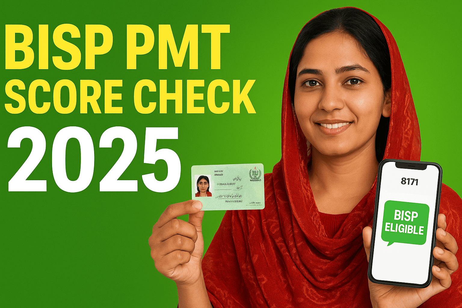 BISP PMT Score Check 2025 – Pakistani woman showing CNIC and 8171 SMS eligibility result on phone, official guide to check by CNIC online.