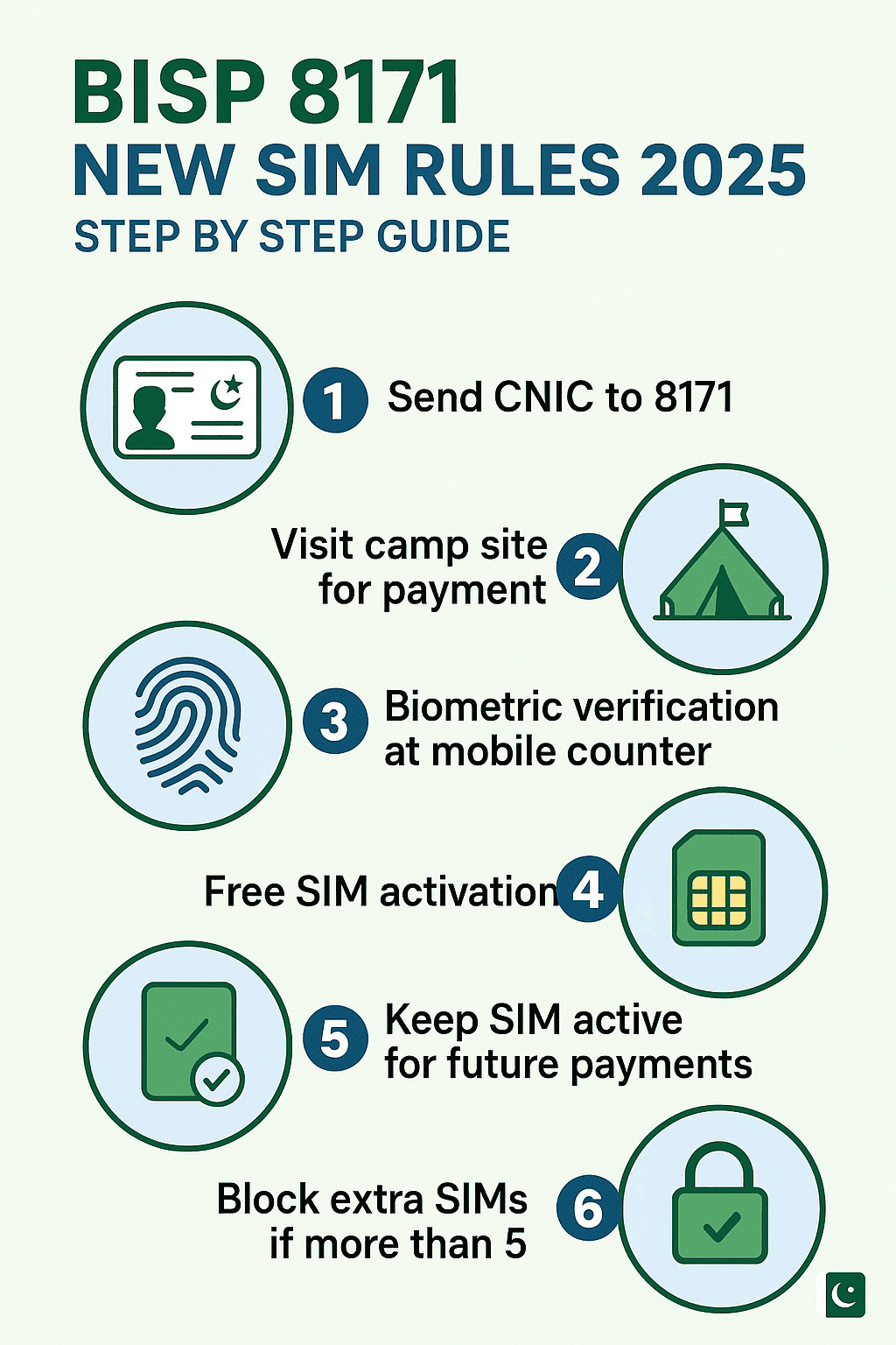Infographic showing BISP 8171 New SIM Rules 2025 – steps for CNIC verification, camp site visit, biometric verification, free SIM activation, and secure payment process in Pakistan