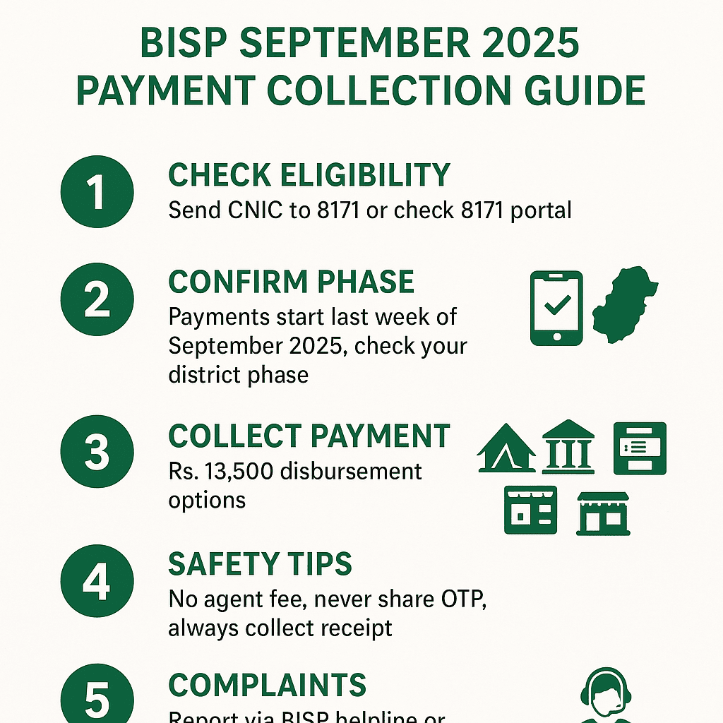 Infographic showing BISP September 2025 payment collection guide — check via 8171, district phase confirmation, Rs.13,500 collection from camps, banks, ATMs, retailers, with safety tips and complaints.