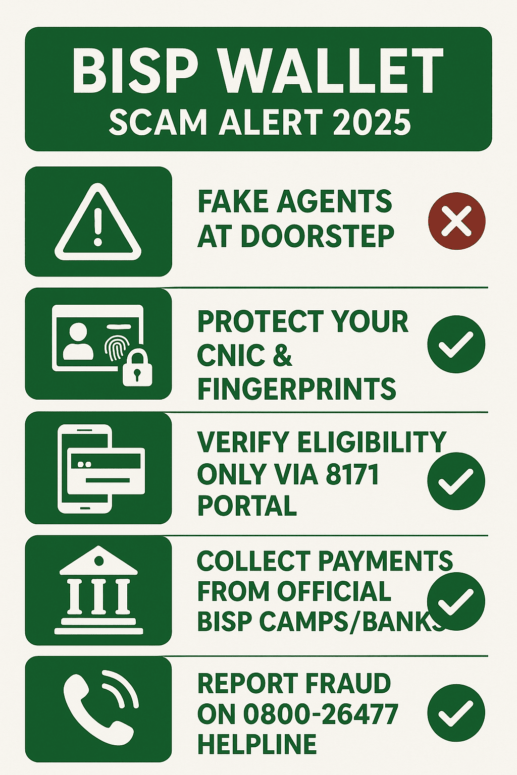 BISP Wallet Scam Alert 2025 infographic showing fraud awareness steps, CNIC protection, safe practices, official 8171 verification, and helpline reporting to protect beneficiaries from fake agents.