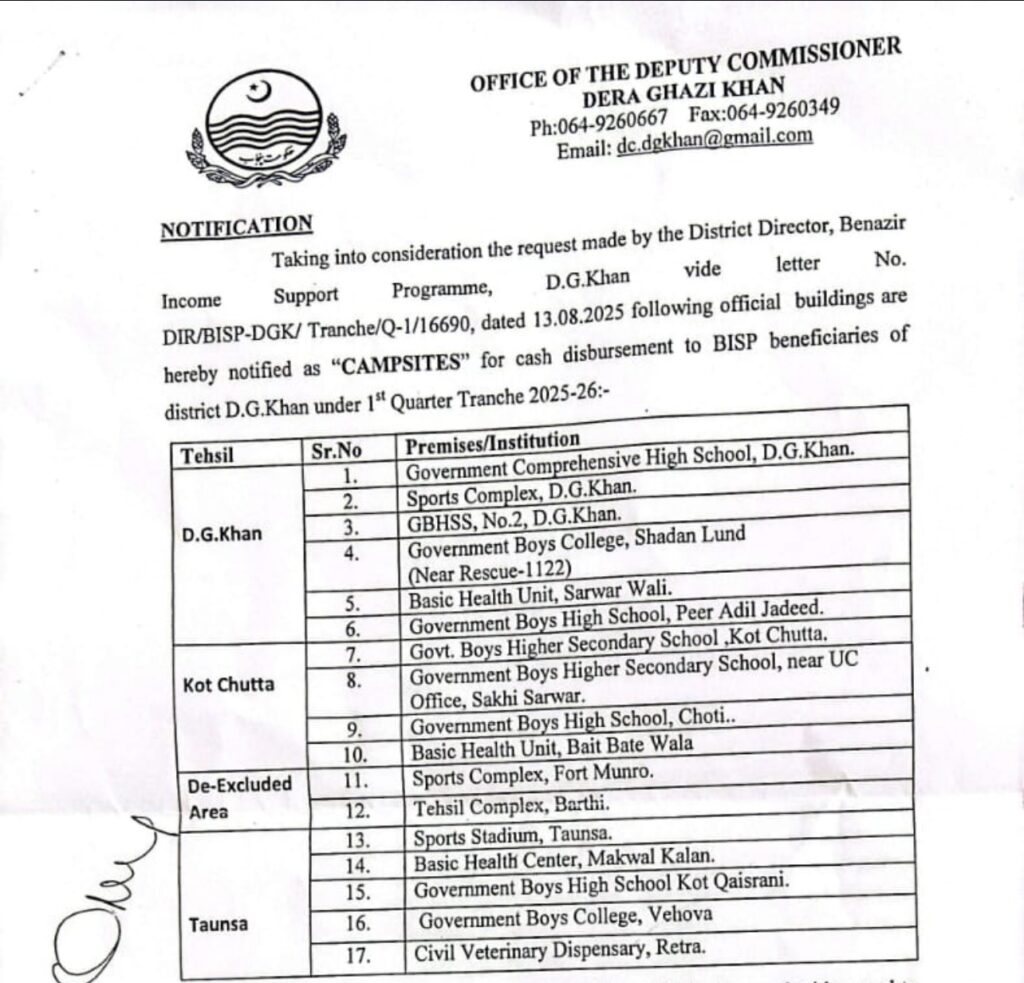 BISP September Payment Campsites Dera Ghazi Khan 2025 official notification.