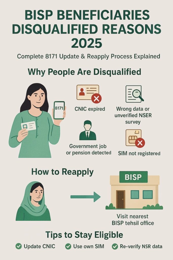 Infographic explaining BISP Beneficiaries Disqualified Reasons 2025, showing CNIC check, disqualification causes, and reapply process under Benazir Kafaalat 8171 update.