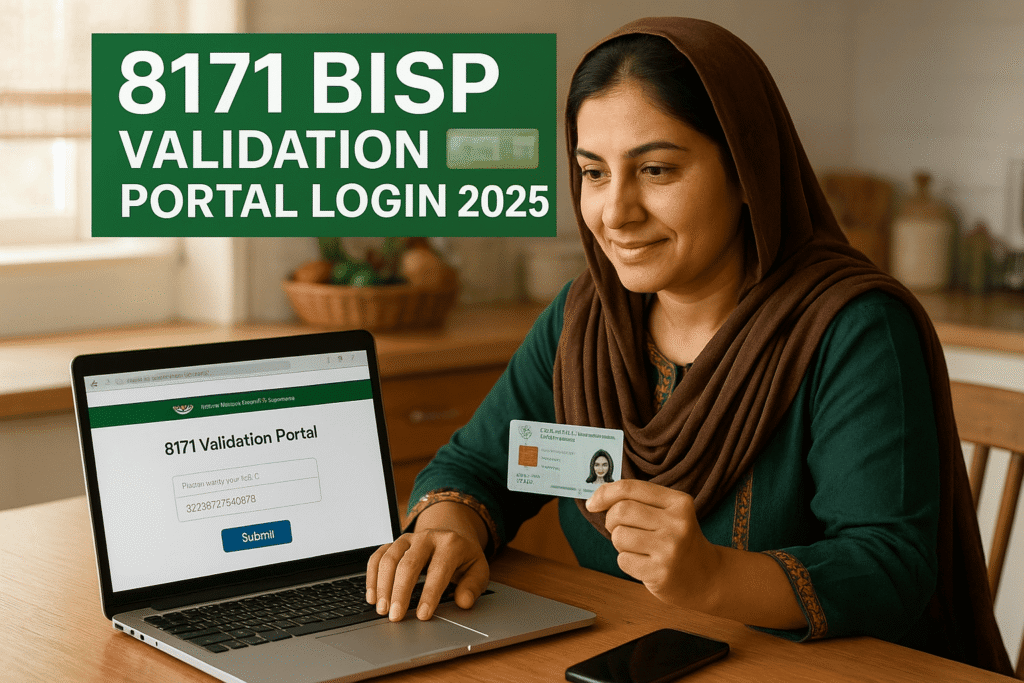 Pakistani woman using 8171 BISP Validation Portal 2025 to check CNIC eligibility and payment status online