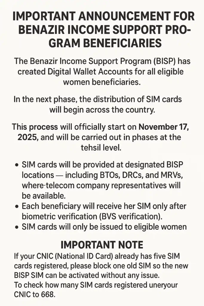 BISP Digital Wallet SIM Distribution 2025